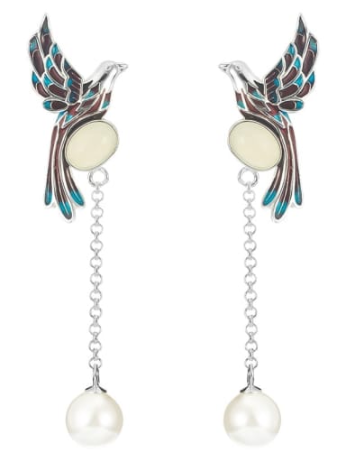 925 Sterling Silver Imitation Pearl Bird Vintage Threader Earring