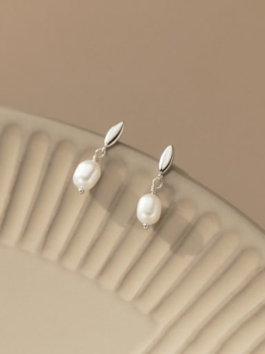 Silver 925 Sterling Silver Freshwater Pearl Geometric Minimalist Drop Earring