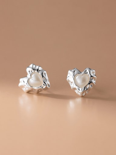 925 Sterling Silver Imitation Pearl Heart Dainty Stud Earring