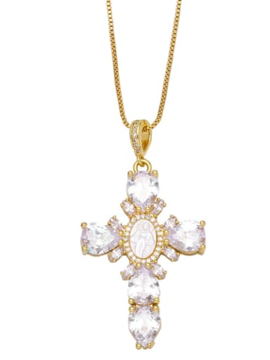 golden Brass Cubic Zirconia Cross Vintage Regligious Necklace