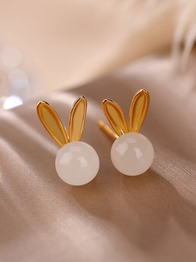 Gold Plated Version (one pair) 925 Sterling Silver Jade Rabbit Cute Stud Earring