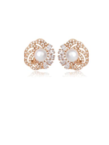Copper Imitation Pearl White Flower Dainty Stud Earring