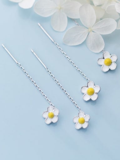 925 Sterling Silver White Enamel Flower Minimalist Threader Earring