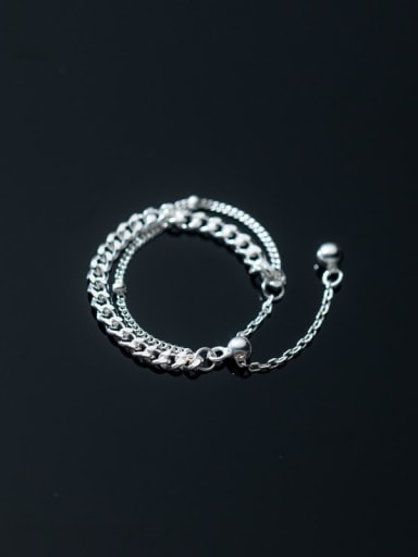 925 Sterling Silver Smooth bead double-layer chain Vintage Stackable Ring