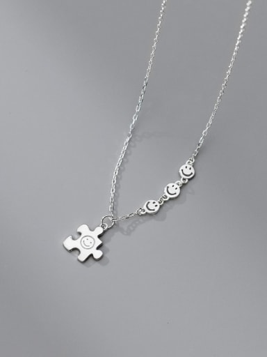 Silver 925 Sterling Silver  Minimalist Simple Glossy Puzzle Smiley Face Pendant Necklace
