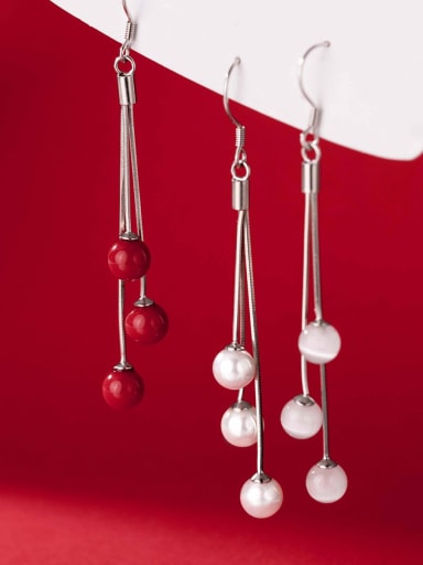 925 Sterling Silver Imitation Pearl Tassel Minimalist Hook Earring