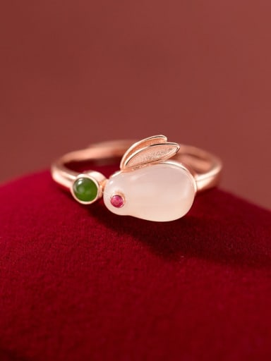 925 Sterling Silver Jade Rabbit Cute Band Ring