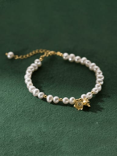 925 Sterling Silver Imitation Pearl Flower Minimalist Handmade Beaded Bracelet