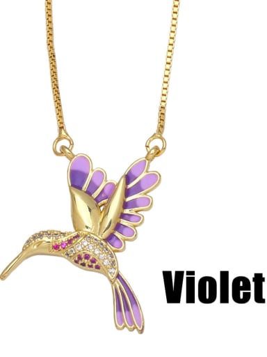 purple Brass Cubic Zirconia Enamel Vintage Animal Bird  Pendant Necklace