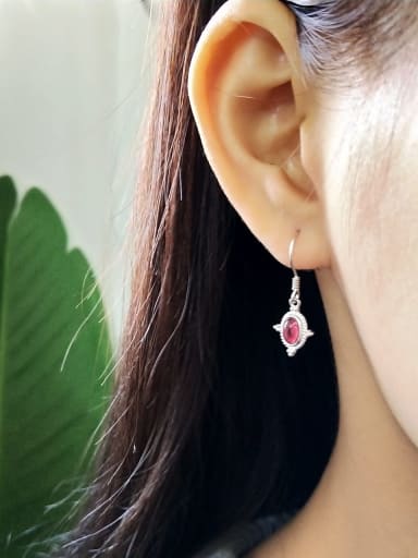 925 Sterling Silver Ruby Red Geometric Minimalist Hook Earring