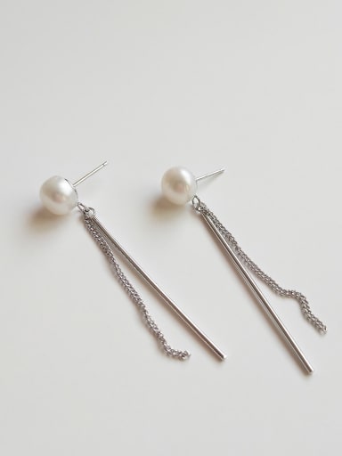 925 Sterling Silver Imitation Pearl White Tassel Trend Threader Earring