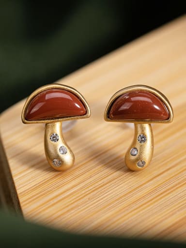 925 Sterling Silver Carnelian Mushroom Cute Stud Earring