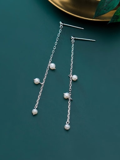 925 Sterling Silver Imitation Pearl  Tassel Minimalist Threader Earring
