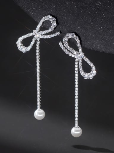 925 Sterling Silver Imitation Pearl Bowknot Tassel Dainty Drop Earring