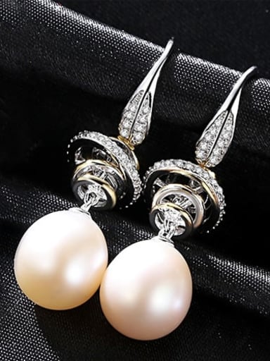 White 1A10 925 Sterling Silver Freshwater Pearl White Round Trend Hook Earring