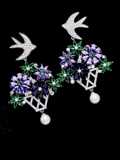 Platinum color Brass Cubic Zirconia Flower Luxury Drop Earring