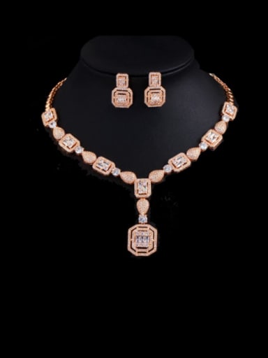 Brass Cubic Zirconia  Luxury Geometric Earring and Necklace Set