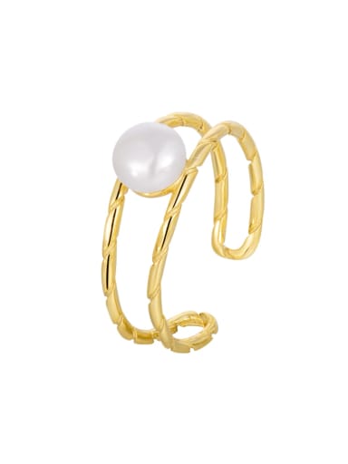 Gold Binding Gift Band Ring 925 Sterling Silver Imitation Pearl Geometric Minimalist Stackable Ring