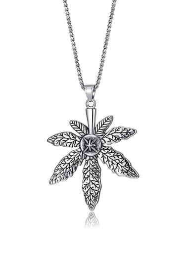 [2199] (Pendant +pearl chain 35+5CM) Titanium Steel Maple Leaf Pendant Vintage Man Necklace