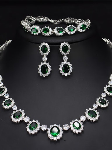 green Brass Cubic Zirconia  Luxury Geometric Earring and Necklace Set