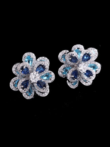 Platinum+ blue Brass Cubic Zirconia Flower Trend Stud Earring