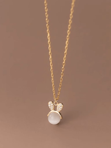 Gold 925 Sterling Silver Cats Eye Rabbit Minimalist Necklace