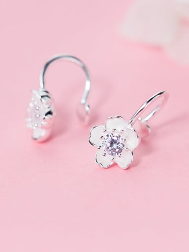 925 Sterling Silver Rhinestone White Flower Minimalist Hook Earring