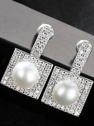 White 1F15 925 Sterling Silver Cubic Zirconia Square Trend Stud Earring
