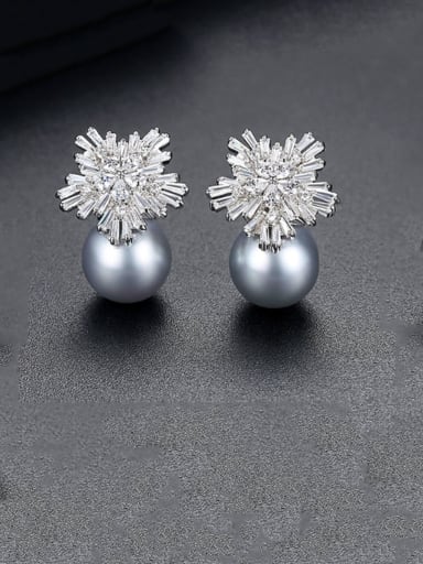 Grey bead platinum t07b05 Copper Cubic Zirconia Flower Dainty Stud Earring