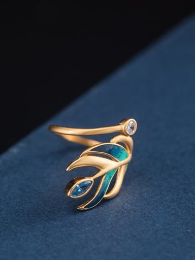 925 Sterling Silver Enamel Feather Vintage Band Ring