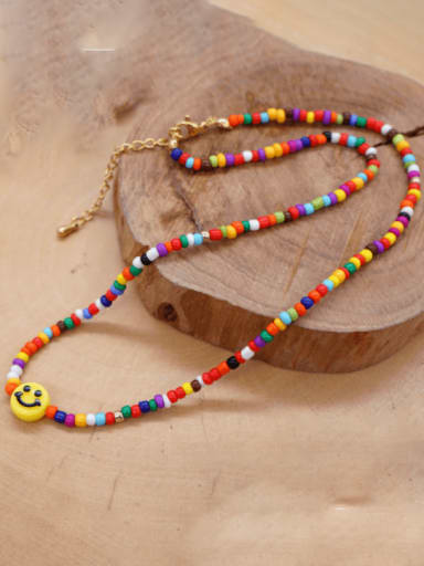 Multi Color Glass Bead Acrylic Smiley Bohemia  Handmade Beaded  Necklace