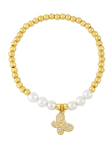 B Brass Imitation Pearl Butterfly Vintage Beaded Bracelet