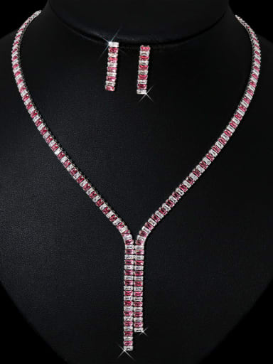 Platinum + Rose Red Brass Cubic Zirconia Luxury Tassel Earring and Necklace Set