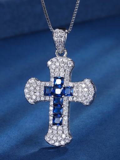 Blue Treasure Pendant Brass Cubic Zirconia Cross Vintage Regligious Necklace