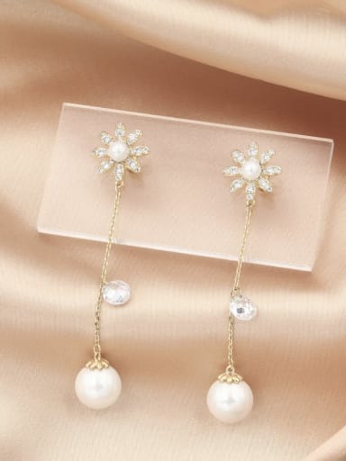 Brass Imitation Pearl White Flower Dainty Drop Earring