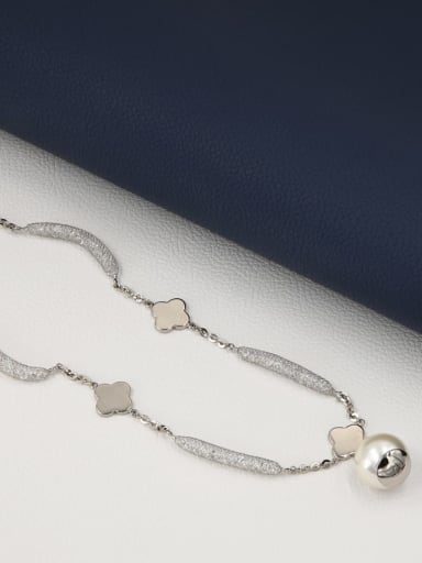 Brass Imitation Pearl White Flower Minimalist Long Strand Necklace