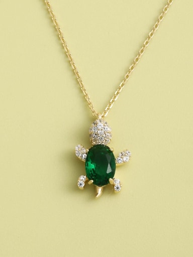 Gold 925 Sterling Silver Cubic Zirconia Green Turtle Minimalist Long Strand Necklace