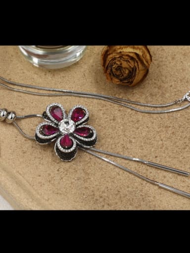 Brass Cubic Zirconia Pink Flower Minimalist Long Strand Necklace