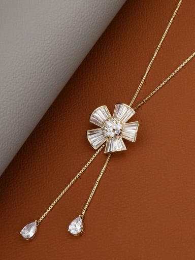 Brass Cubic Zirconia White Flower Dainty Long Strand Necklace