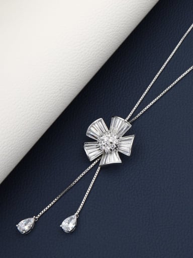 Brass Cubic Zirconia White Flower Dainty Long Strand Necklace