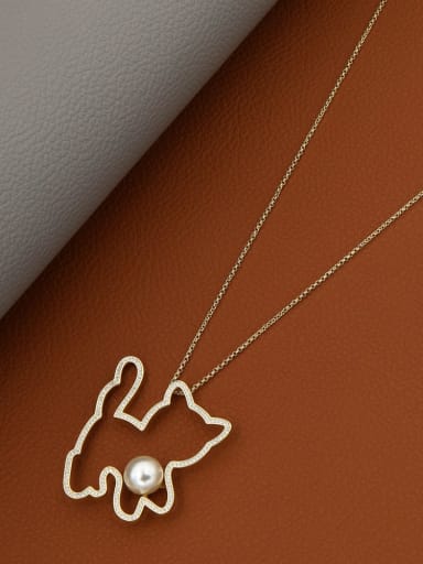 Brass Rhinestone White Cat Minimalist Long Strand Necklace