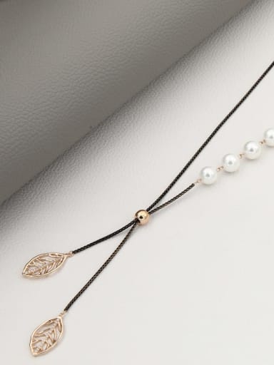 Brass Imitation Pearl White Leaf Minimalist Long Strand Necklace
