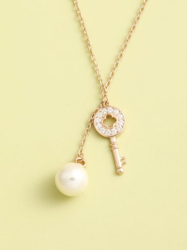 925 Sterling Silver Imitation Pearl White Key Minimalist Long Strand Necklace