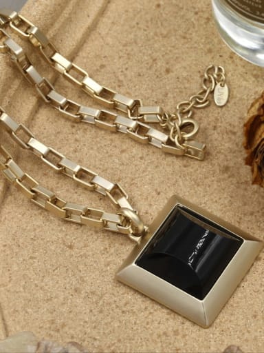 Brass Glass Stone Black Geometric Minimalist Long Strand Necklace