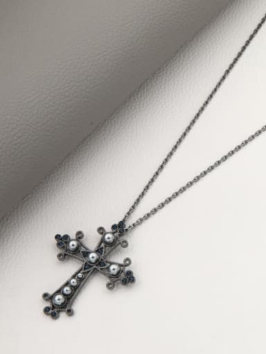 Brass Imitation Pearl White Cross Minimalist Long Strand Necklace