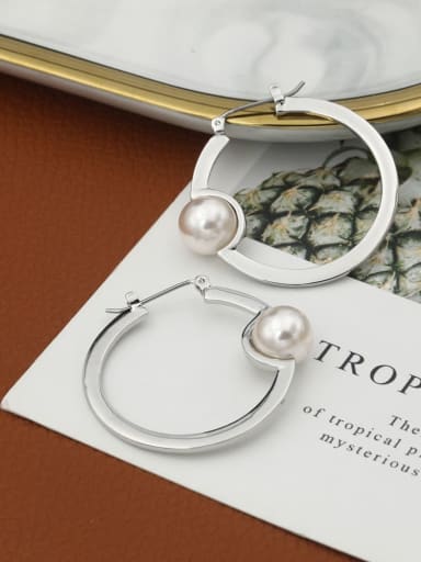Brass Imitation Pearl White Round Classic Hoop Earring