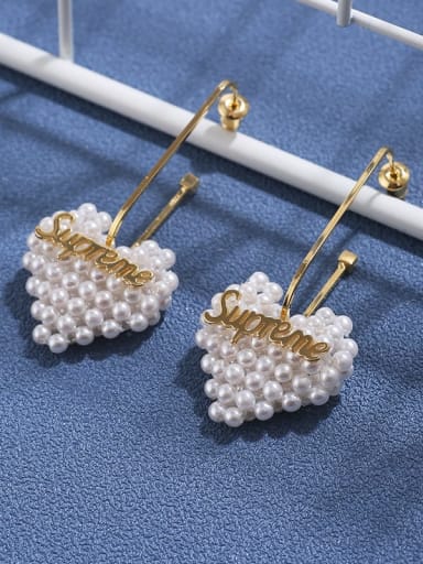 Brass  Imitation Pearl  Metal   heart-shaped long earrings