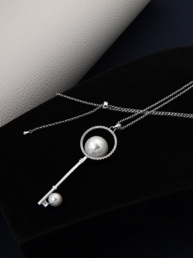 Brass Imitation Pearl White Key Minimalist Long Strand Necklace