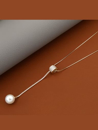 Brass Imitation Pearl White Geometric Minimalist Long Strand Necklace