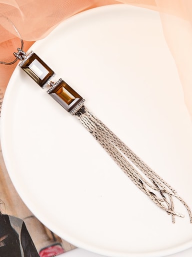 Brass Glass Stone White Rectangle Minimalist Long Strand Necklace